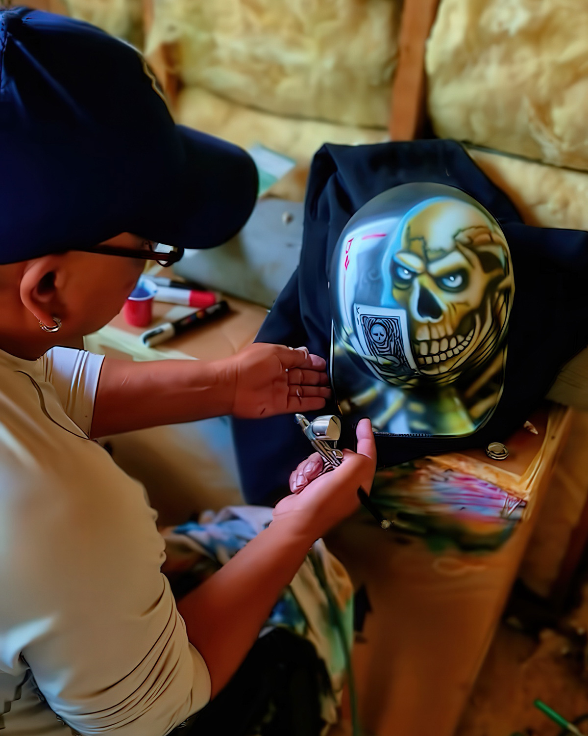 Custom skull motorcycle helmet being airbrushed by La Sombra Art Studio