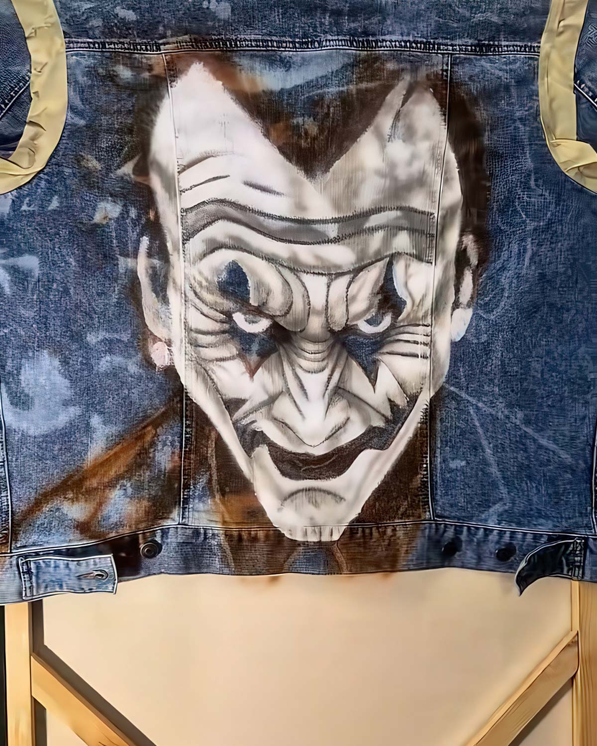 Custom hand-painted Joker clown denim jacket by La Sombra Art Studio